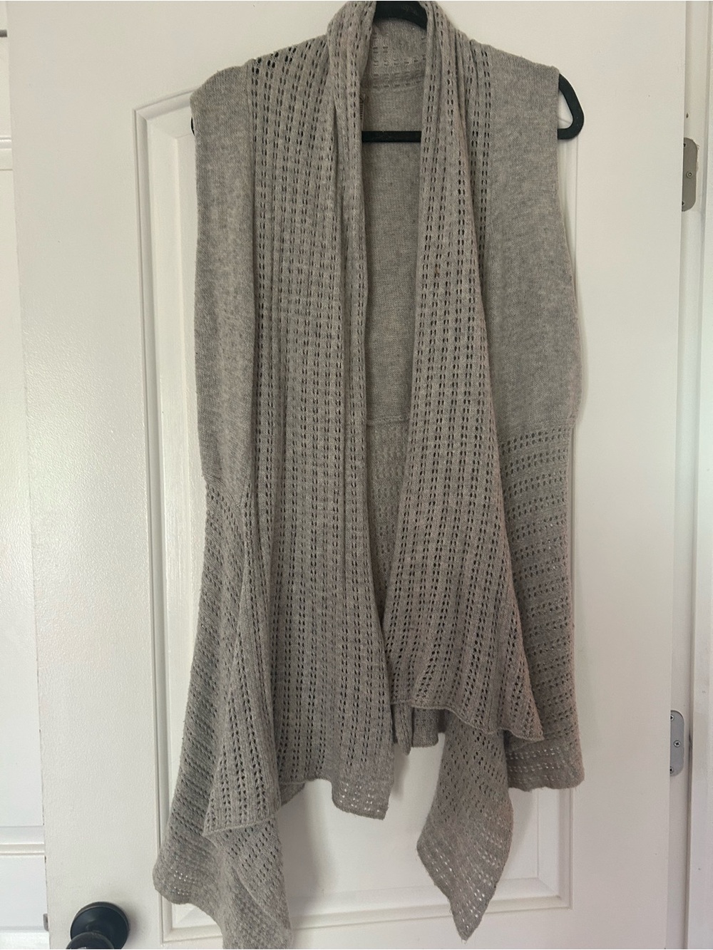 Open-Front Light Gray Knit Draped Sleeveless Cardigan